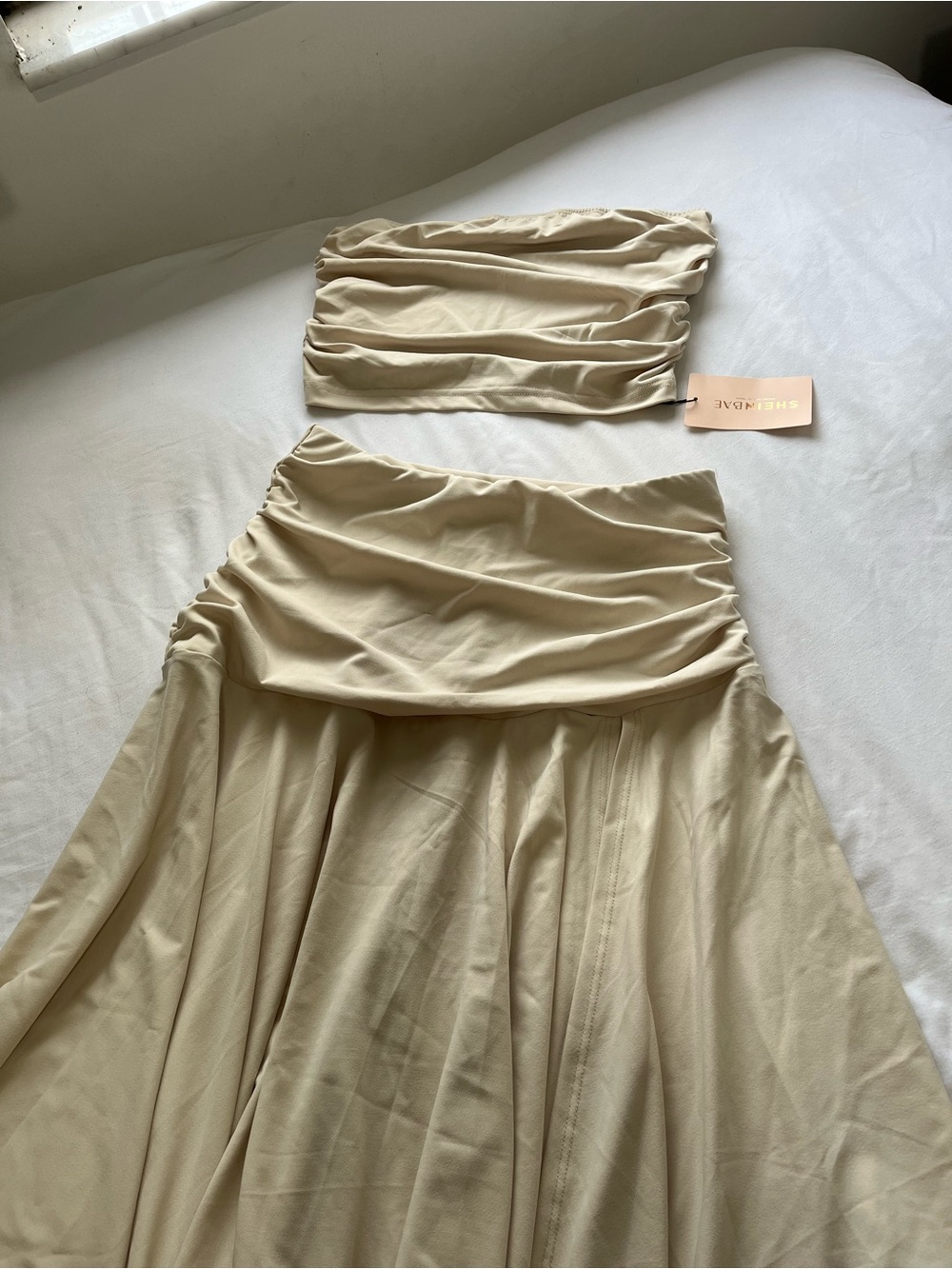 SHEIN Cream Ruched Bandeau & A-Line Skirt Set